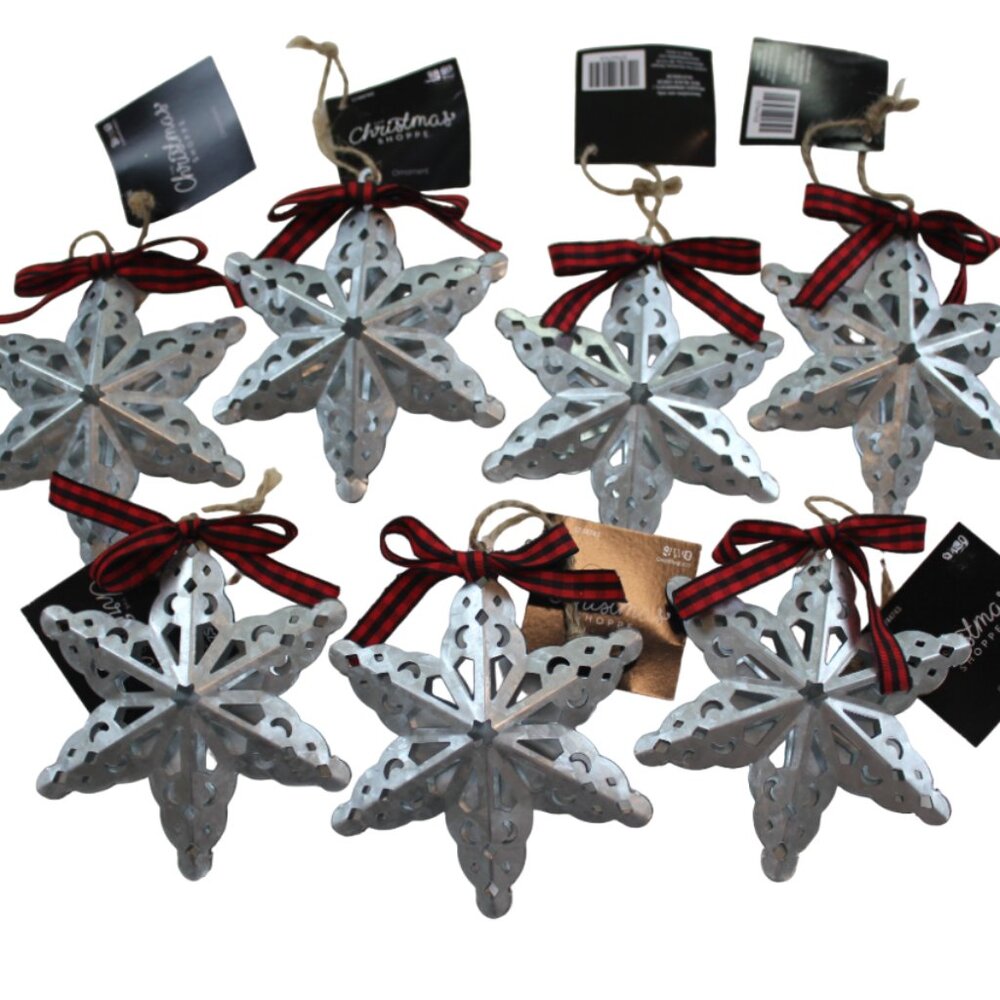 Christmas Shoppe Ornaments Tin Snowflake Red Black Check Bow 4.5" Lot of 7 NWT